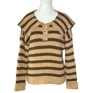 Line & Dot Amber Brown Tan Stripe Knit Sailor Collar 1/4 Button Front Sweater XS